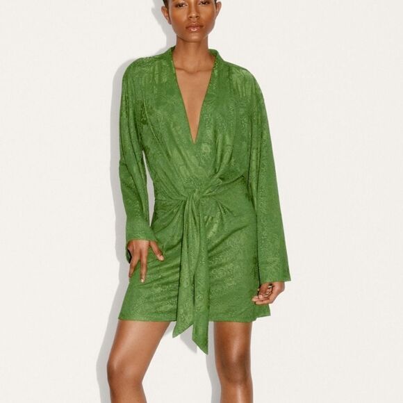 ZARA jacquard dress green ties wrap blogger favorite large L - Picture 4 of 13